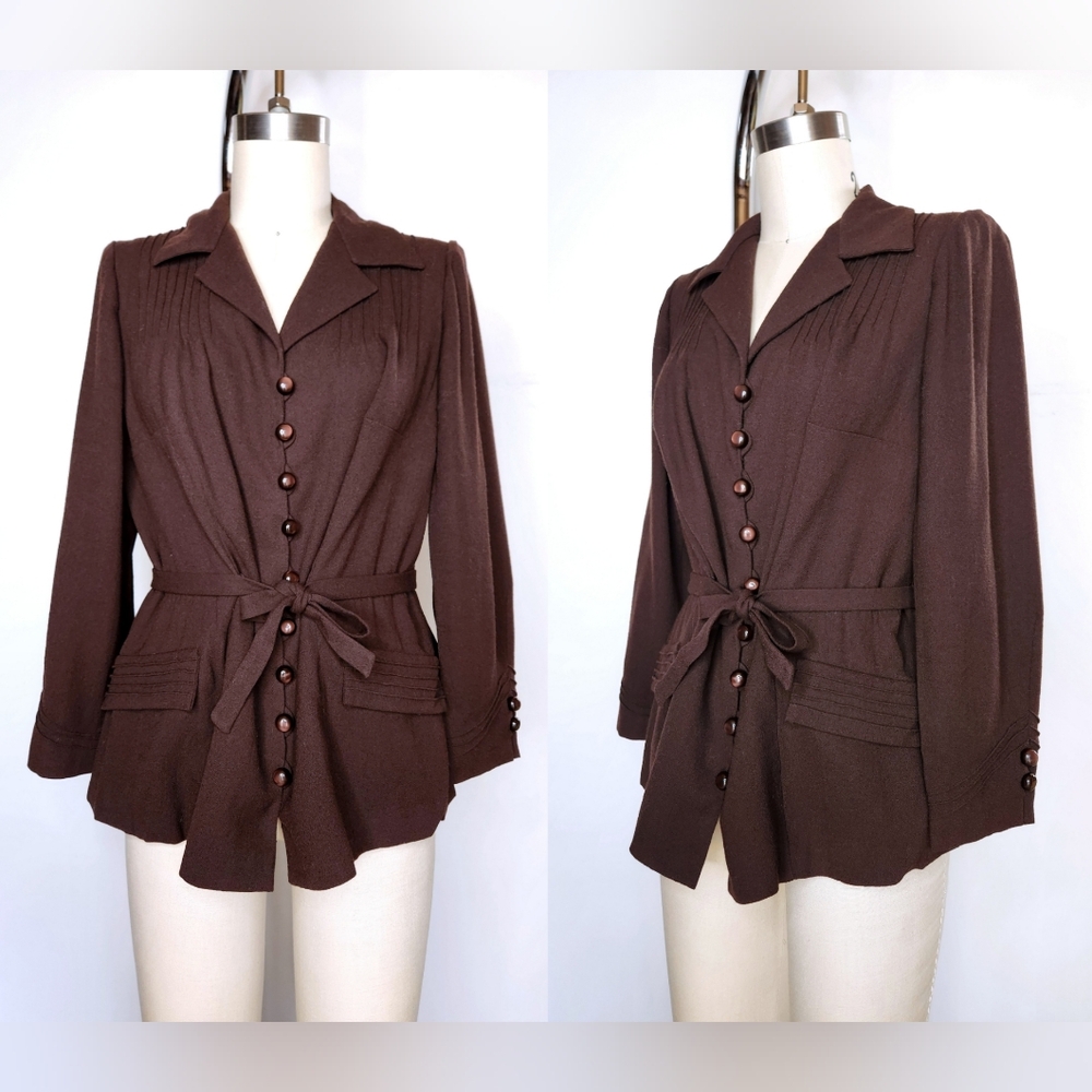 40s Wool Jacket Blazer Beautiful Brown Wool 40s Button Down & Belted S